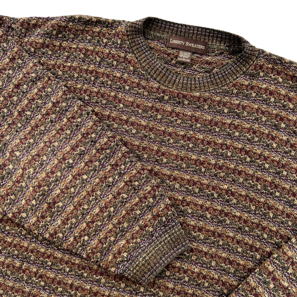 VTG 90s Liberty Sweaters Knit Pullover Men L Brown Multi Textured USA Made Retro